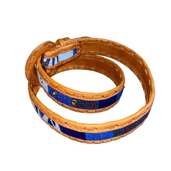 Stitched woven Genuine Leather retro boho indie Print Belt medium brown/blue main image 11